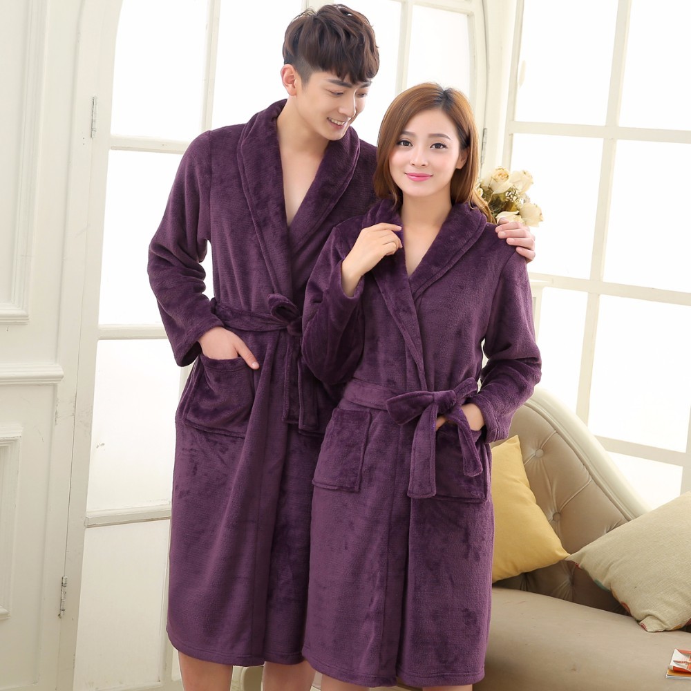 Grey Soft Coral Fleece Lovers Dress Men Womens Warm Super Long Bath Robe Mens Kimono Bathrobe Dressing Gown Robes Bathrobe