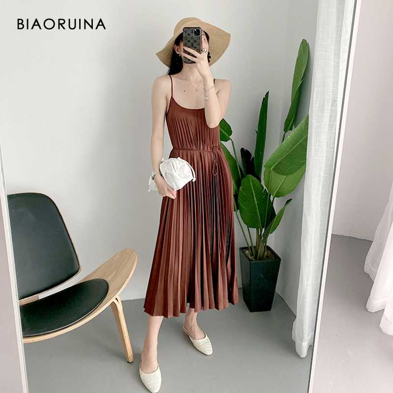 

BIAORUINA Women's Brown Satin Sexy Thin Spaghetti Strap Pleated Dress Sleeveless Boat Collar High Waist Summer Dress Vestido, As pic