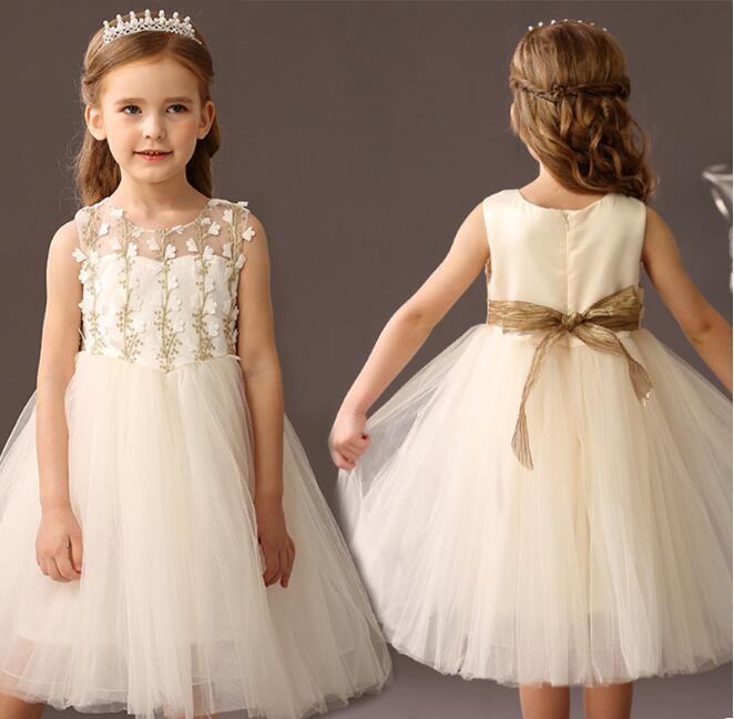 

Retail Summer Teenage Children Baby Floral Mesh Dresses , Girls Princess Elegant Flower Clothes 4-9T, Back cream