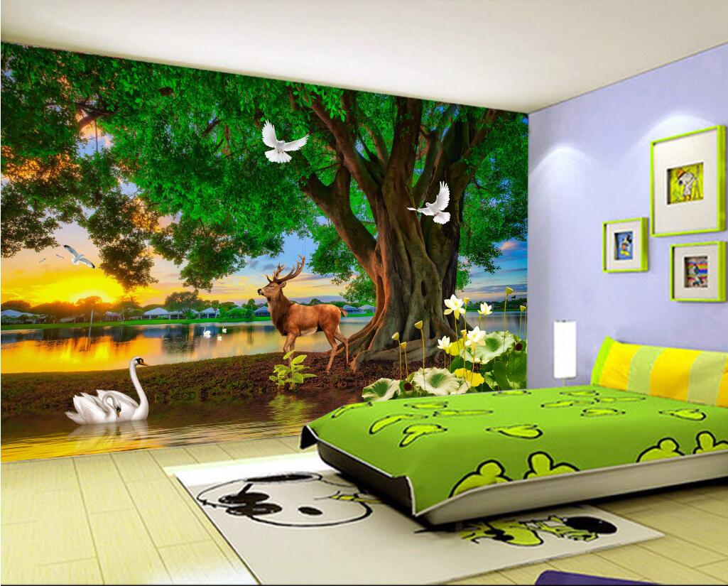 

3d room wallpaper cloth custom photo Green big tree elk swan lake landscape background wallpaper for walls 3 d print fabric wall covering, Picture shows