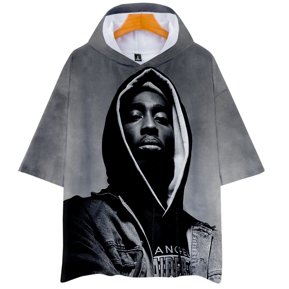 

Rapper 2Pac Mens T Shirts 3D Print Tupac Shakur Summer Fashion Short Sleeve Hooded T-shirt Harajuku Hip Hop Streetwear Clothing, 001