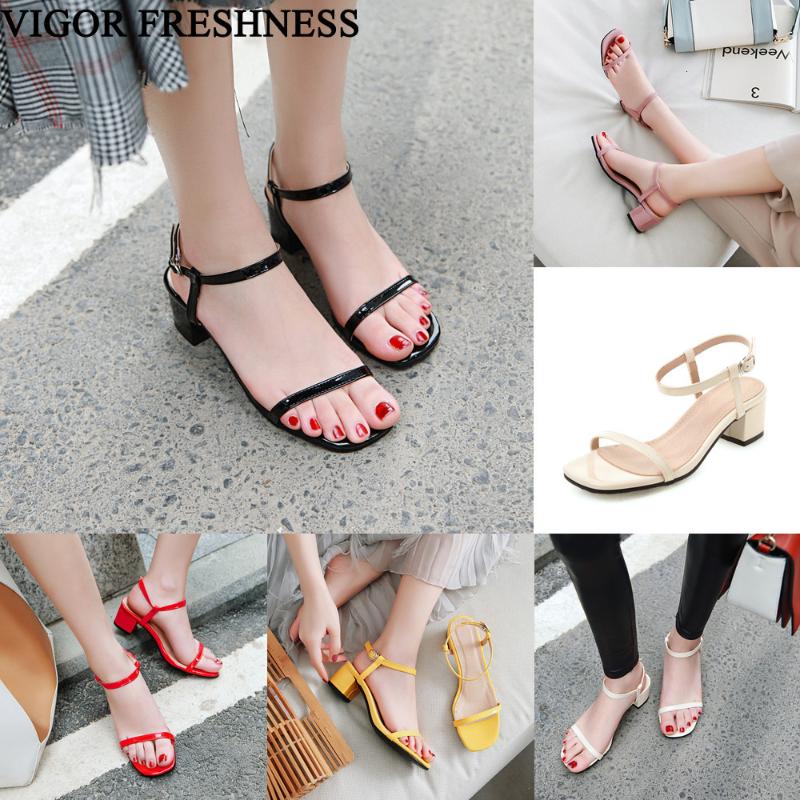 

VIGOR FRESHNESS Sandals Summer Shoes Woman 28-52 Sizes 5CM Heels Women Shoes Candy Color Sandals Woman Dress MY472, Beige