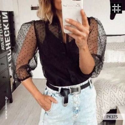 

Women Floral Embroidery Mesh Sheer See-through Crop Top Shirts Blouse 3/4 Puff Sleeve Polka Dot Loose Slim Blusa Soft Outwear, White