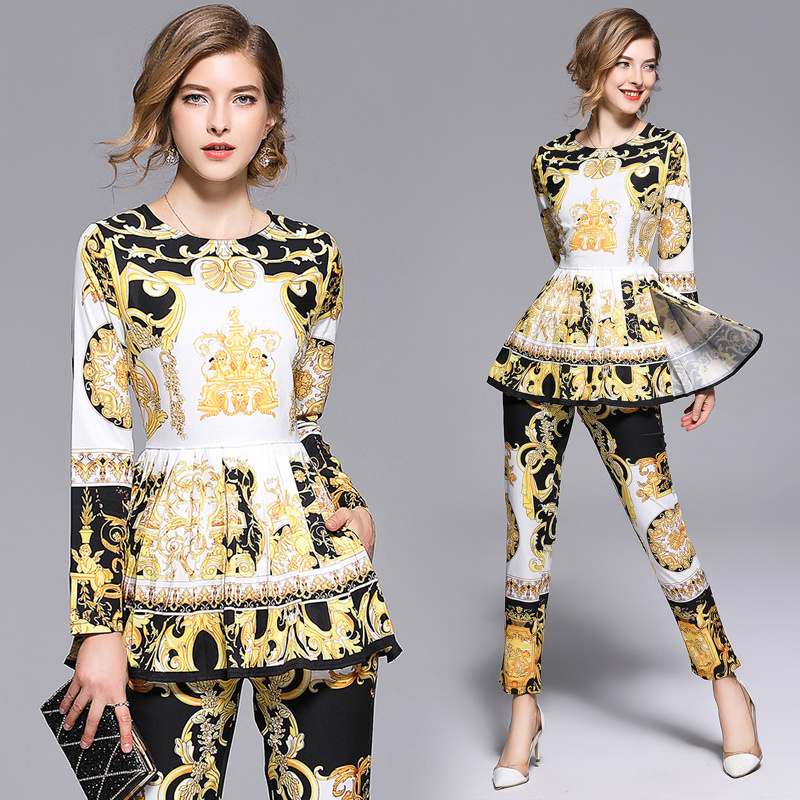 2019 Spring Summer Fall Runway 2 Piece Womens Sets Retro Vintage Print Crew Neck Long Sleeve Top Shirt Blouse Pant Suits Outfits