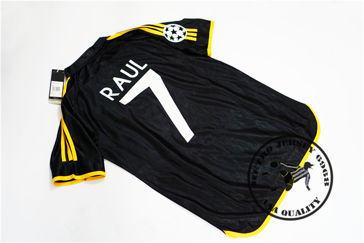 

Free shipping 1999 2000 champion league final real madrid black away raul redondo r.carlos figo camisetas soccer jersey, Black;yellow