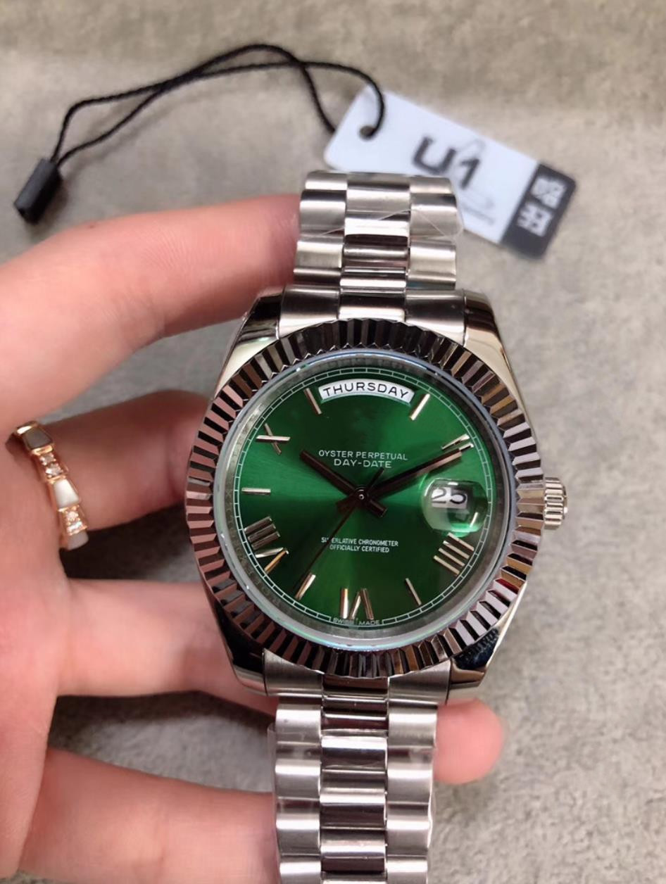 

New U1 Factory DAY DATE Green Rome Number Face Big Date Automatic Mechanics mens Watch Sapphire Glass Stainless Steel men's high watch, Good box
