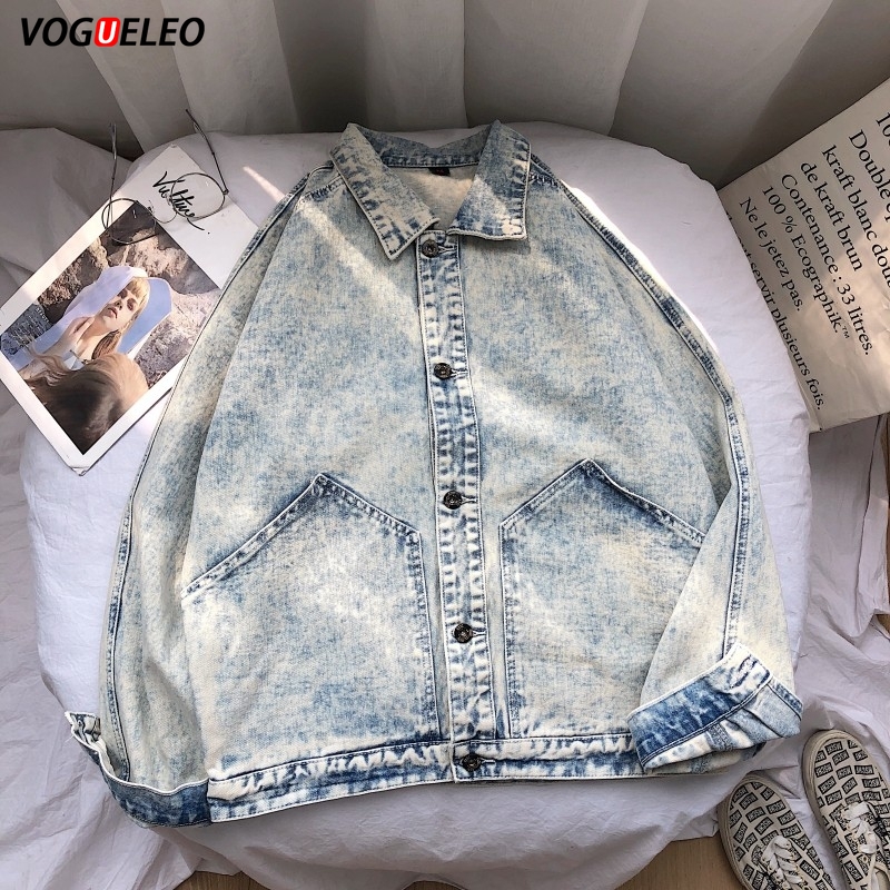 

VOGUELEO Men Denim Jacket Hip Hop Retro Jackets Street Casual Pilot Harajuku Fashion Washed Slim Buttoned Light Blue Size M-2XL