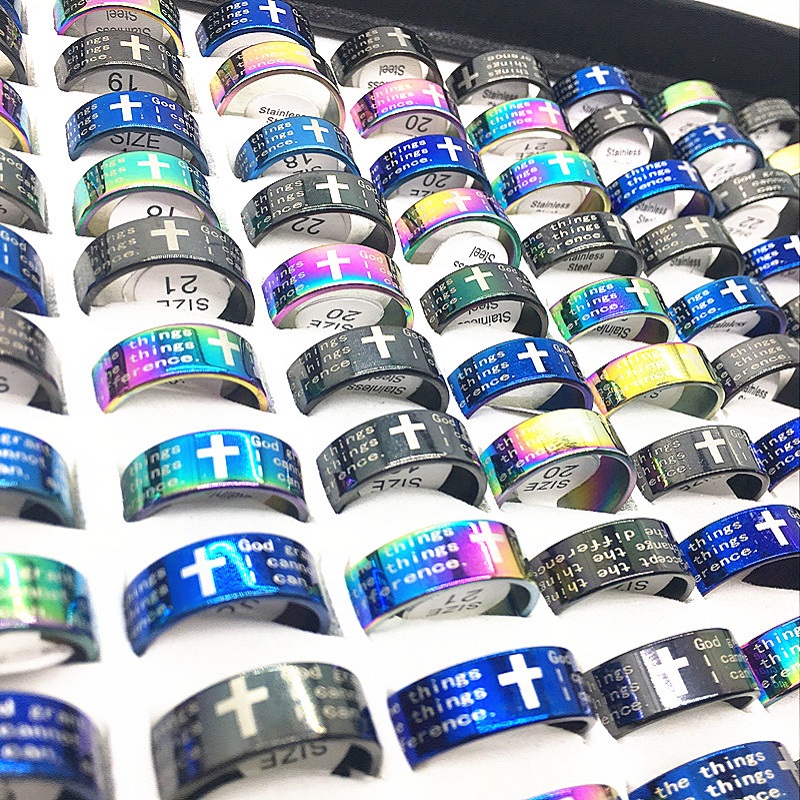 

Whole 100pcs Lord039s Prayer in English cross Stainless Steel Rings Men Women Fashion God the serenity prayer Ring mix colo