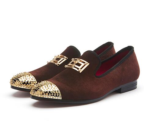 

New Fashion Gold Top and Metal Toe Men Velvet Dress shoes italian mens dress shoes Handmade Loafers Big size39-46, Black
