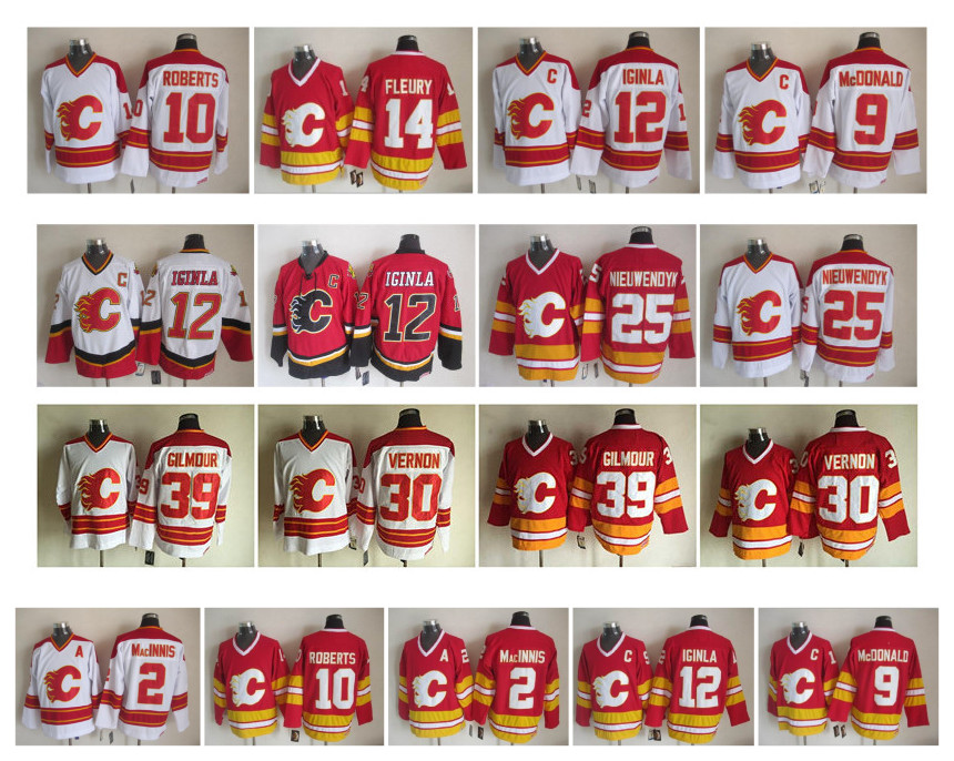 

Vintage Calgary Flames Jersey 12 Jarome Iginla 2 Al Macinnis 9 Lanny McDonald 10 Roberts 30 Mike Vernon 39 Gilmour 25 Nieuwendyk CCM Hockey, Black;red