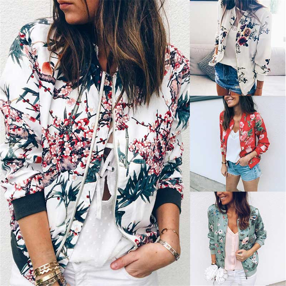 

Women Floral Printed Long Sleeve Zip up Coat Biker Retro Coat BMF88, Green
