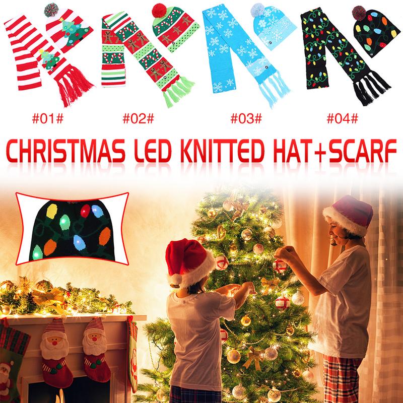 

Christmas Ornaments party Santa Hats scarf Boys Girls Cap color Christmas Halloween LED light knit hat Party Props