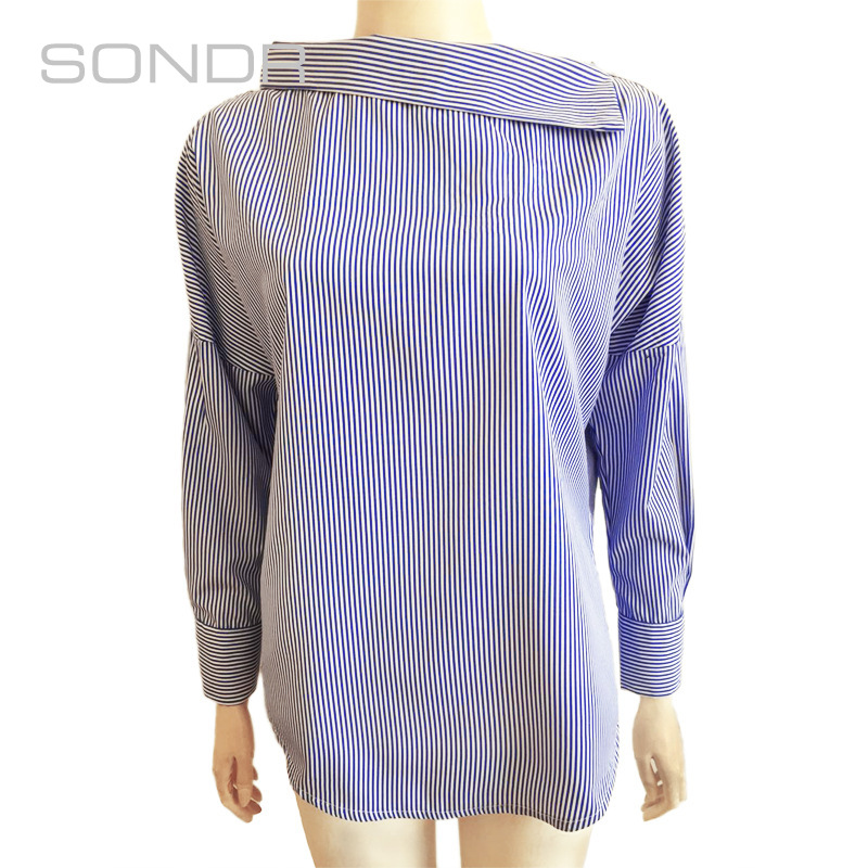

New 2020 Best-Selling Commuter Series Slim Slimming Design Sexy Cross-Neck off-Shoulder Loose Striped Long-Sleeved Shirt Women, Black