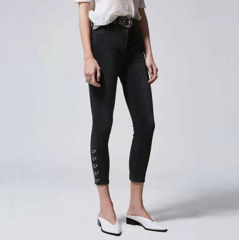 

Women Jeans 2020 Autumn and Winter New Women' Fashion Side Metal Ring Perforated Stretch Nine Points Jeans Women, As pic