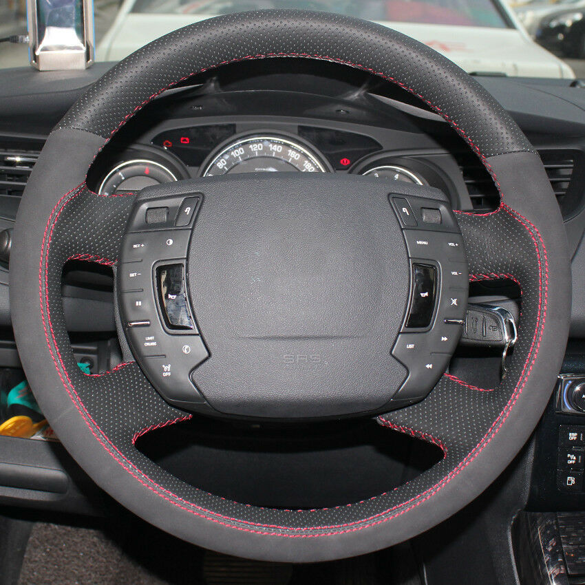 Black Leather Black Suede Hand-stitch Car Steering Wheel Cover for Citroen C5-image-454762790