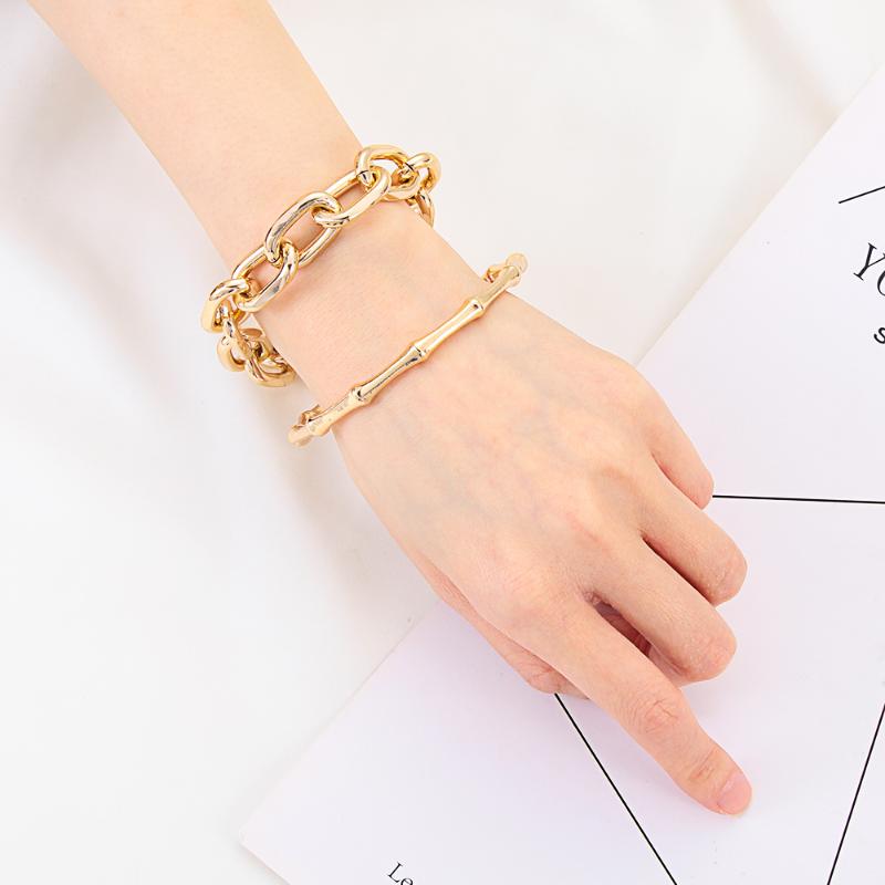 

2Pcs Set Gold Color Metal Chain Link Creative Bamboo Bracelet Bangle 2020 New Fashion Punk Bangle Bracelet Women Party Chain
