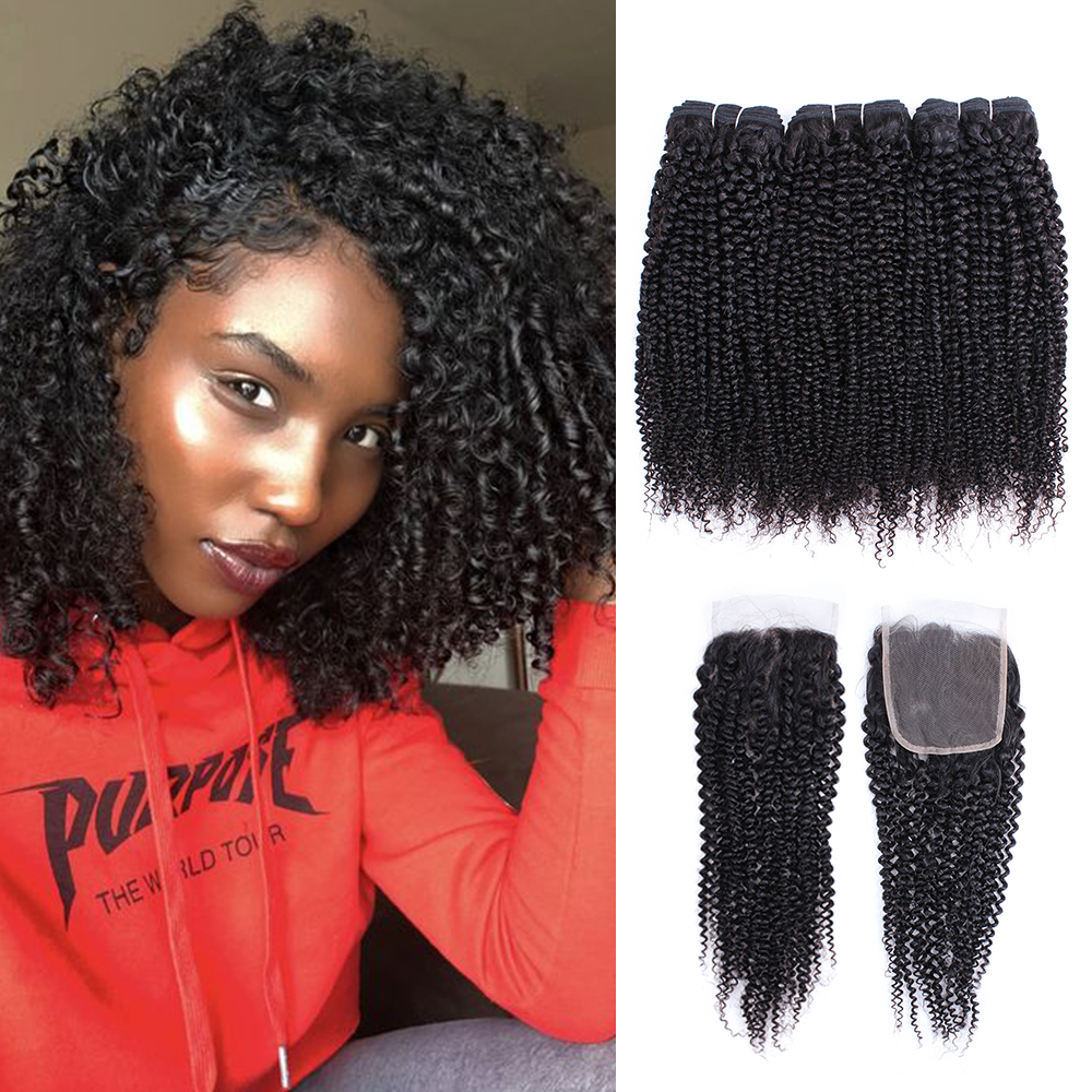 

Afro Kinky Curly Hair Bundles With Closure Brazilian Virgin Hair 3 Bundles with 4x4 Lace Closure 10-28 Inch Remy Human Hair Extensions, Natural color