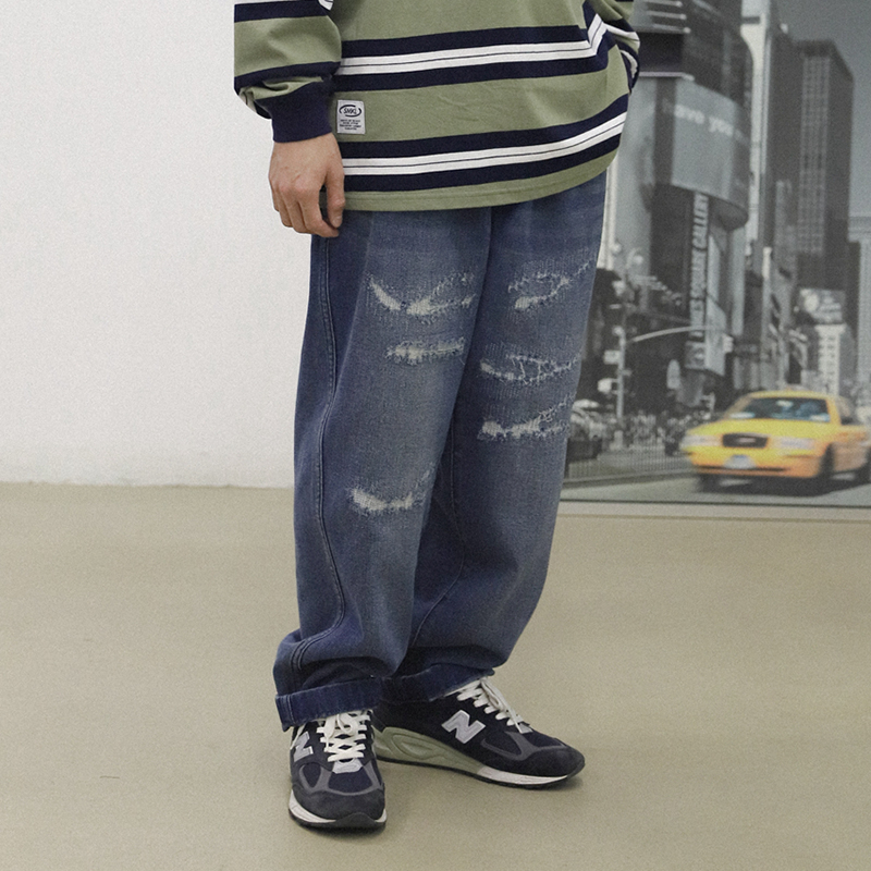 

Distressed Ripped Jeans Men's Streetwear Baggy Wide-Leg Denim Pants Beggar Straight Trousers Men, Black