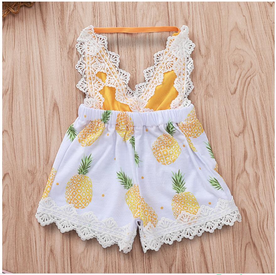

Girl Pineapple Print Sleeveless Off Back Jumpsuits Baby Summer Lace Jump Suit Kids Clothes One Piece ZHT 242, As picture