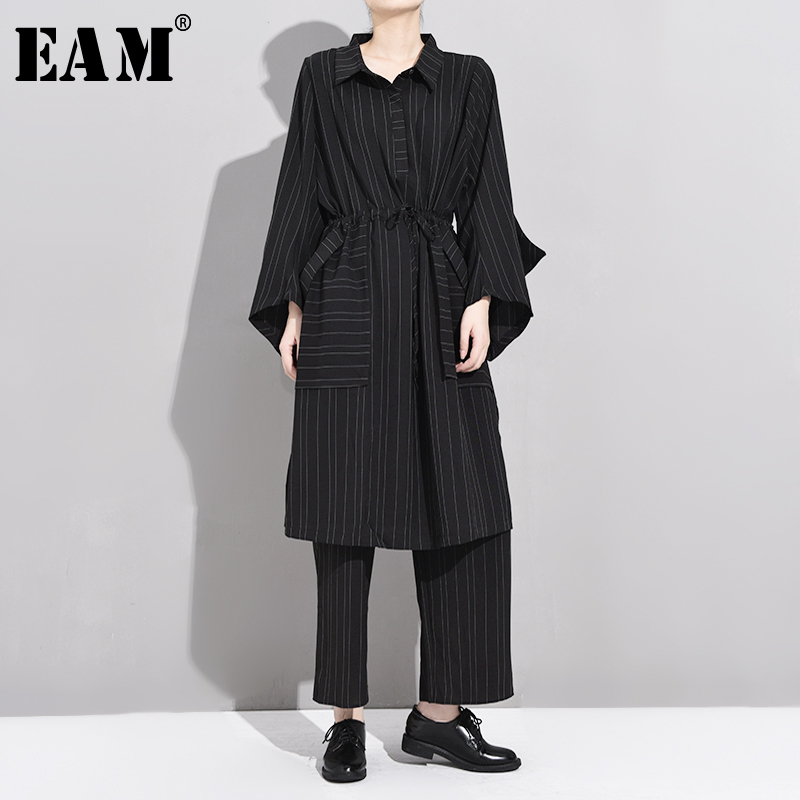 

EAM] Wide Leg Pants Striped Two Piece Suit New Lapel Long Sleeve Black Loose Fit Women Fashion Tide Spring Autumn 2020 YG218