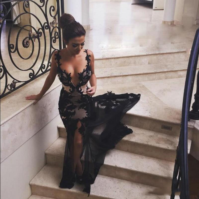 

Sexy Black Floral Applique vestido de noche Mermaid Evening Dresses Front Split Spaghetti Strap Prom Dresses Formal Party Dresses, Dark green
