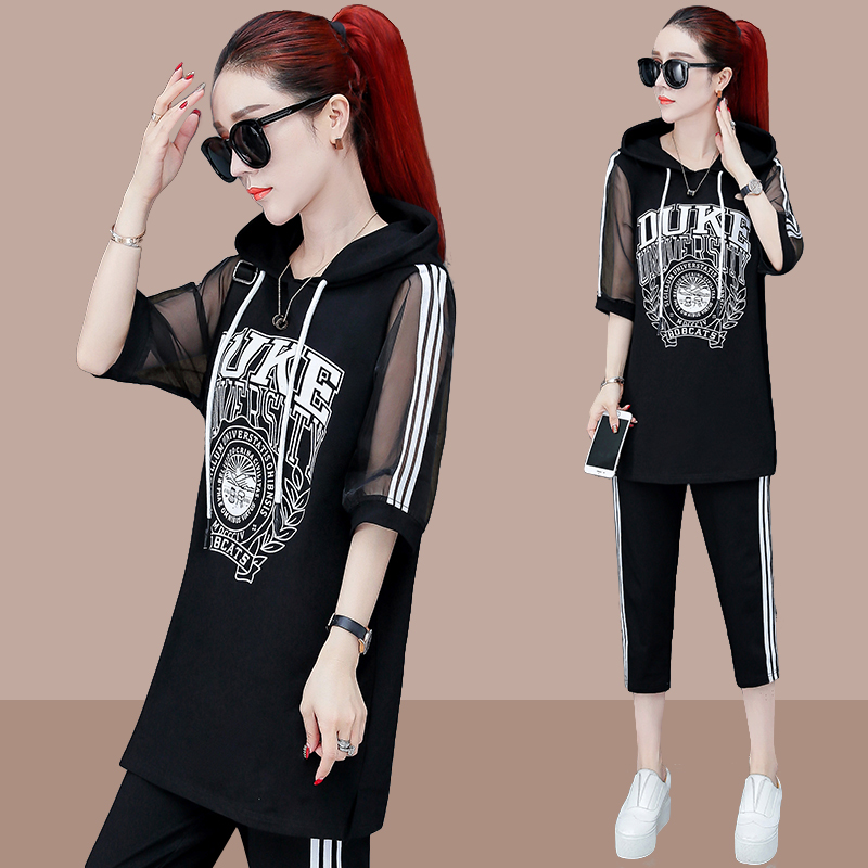 

Plus Size Suit Women's Casual Short Sleeve Suit 2020 Spring And Summer Female Black Priting Hooded Tops Tshirt Breathable