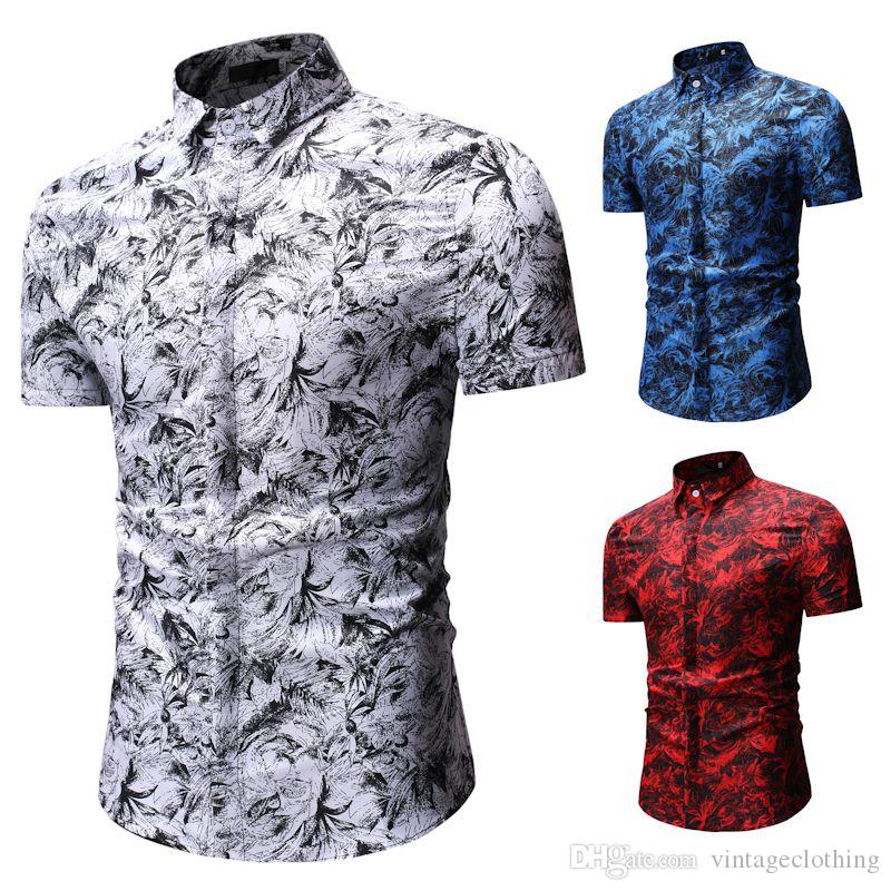 

Men's Casual Shirts Mens Polyester Printed Turn Down Collar Short Sleeved Slim Fit Fashion Male Dress, Blue