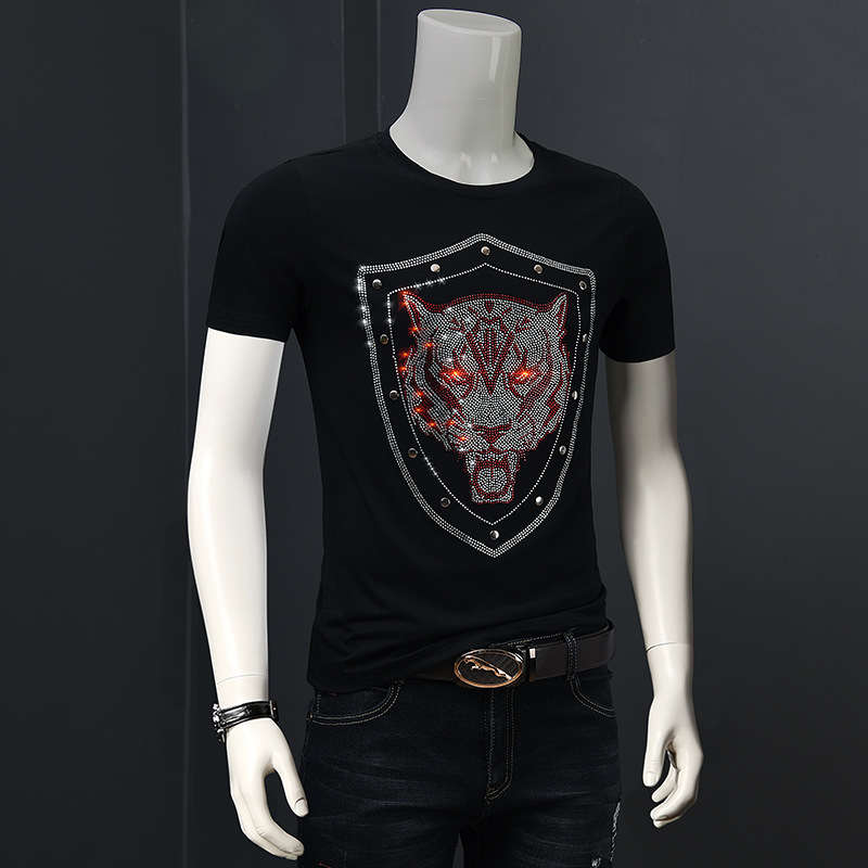 

2020 Summer New Men's T-Shirts Casual Mens Fashion Rhinestones Pattern Thin Crew Neck T-shirt Men Breathable Slim Tee Plus Size -4XL, White