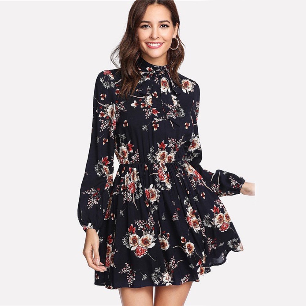 

New 2019 Black High Neck Women Dress Autumn Long Sleeve Print Flower Short Party Mini Fashion Chic Elegant Elastic Waist Vacation Dress Girl, Same as picture
