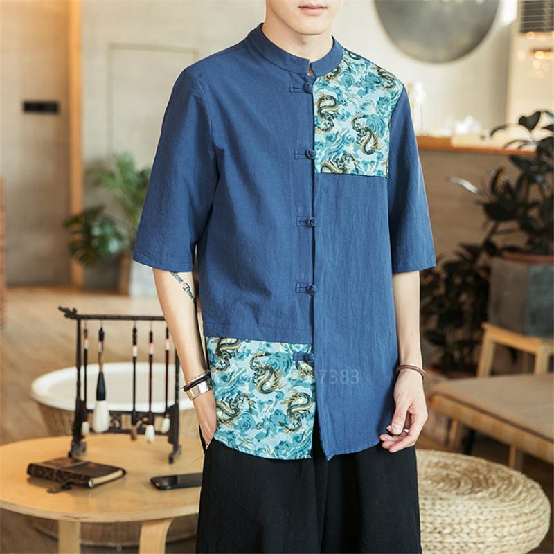 

Hanfu Chinese Top Cotton Dragon Print Summer Short Sleeve Shirts Traditional Chinese Clothing for Men Blouse Clothing