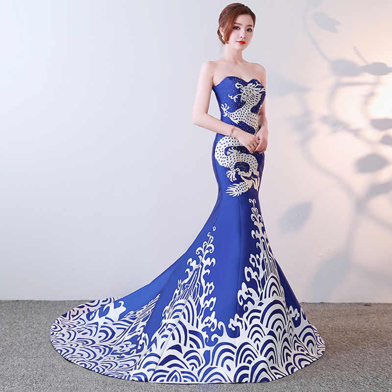 Sexy sirène robe de soirée chine dragon motif classique robe de bal de luxe femmes mariage qipao robes de queue sans bretelles