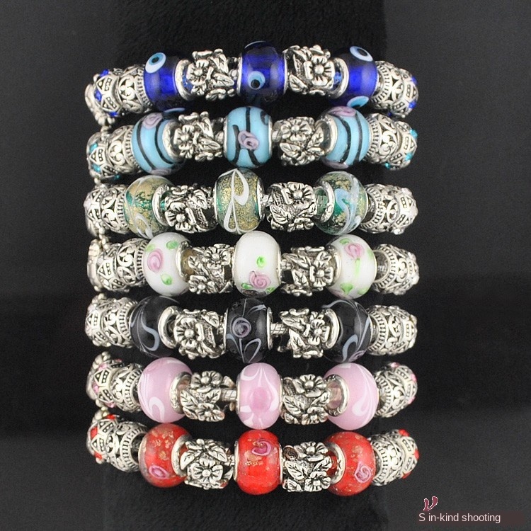 

Multi-Element ancient silver carved bracelet pandore glazed bead bracelet