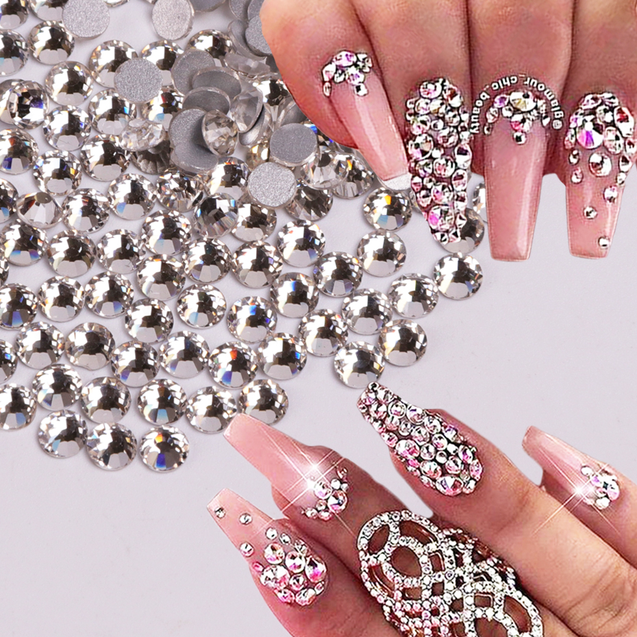 

10 Pack/Set(1440Pcs per Pack )Nail Crystal White Rhinestone Glass Flat Back 3D Charm Diamond Stone Glitter Beads Nails Art Decoration, Silver;gold