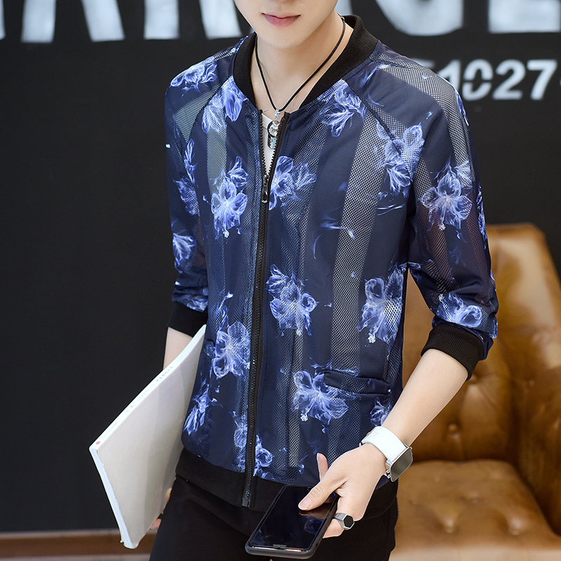 

Summer New Jackets Men Fashion 2019 Print Slim Fit Breathable Sun Protection Jacket Long Sleeve Casual Thin Mens Outwear Coats, Red flowers