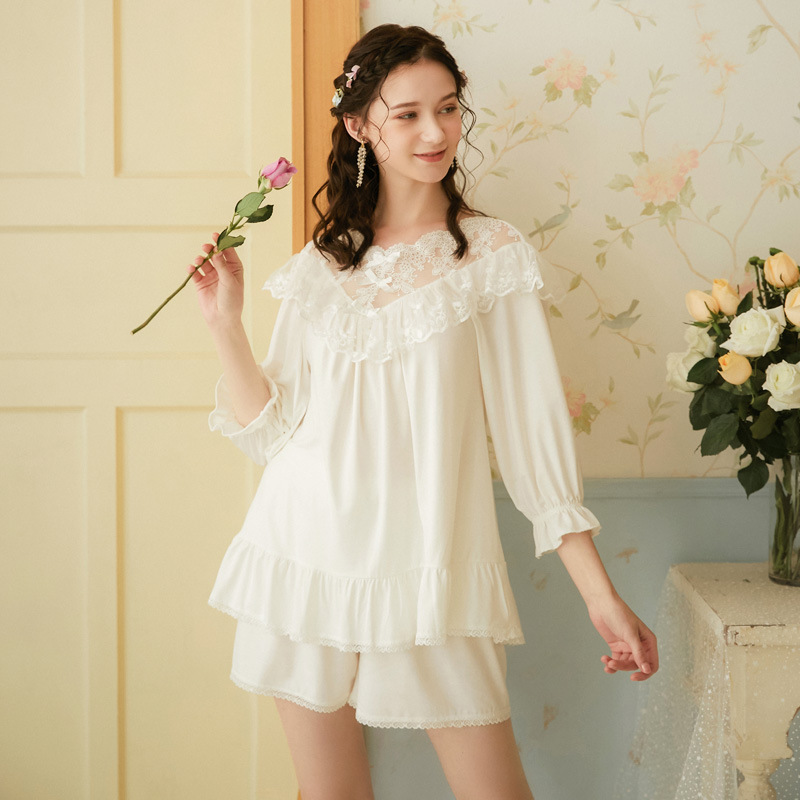 

Female Summer Half-Sleeve Shirt Shorts Cotton Pajamas Suit Leisure V-Neck White Princess Pijama Mujer Loose Womens Two Piece
