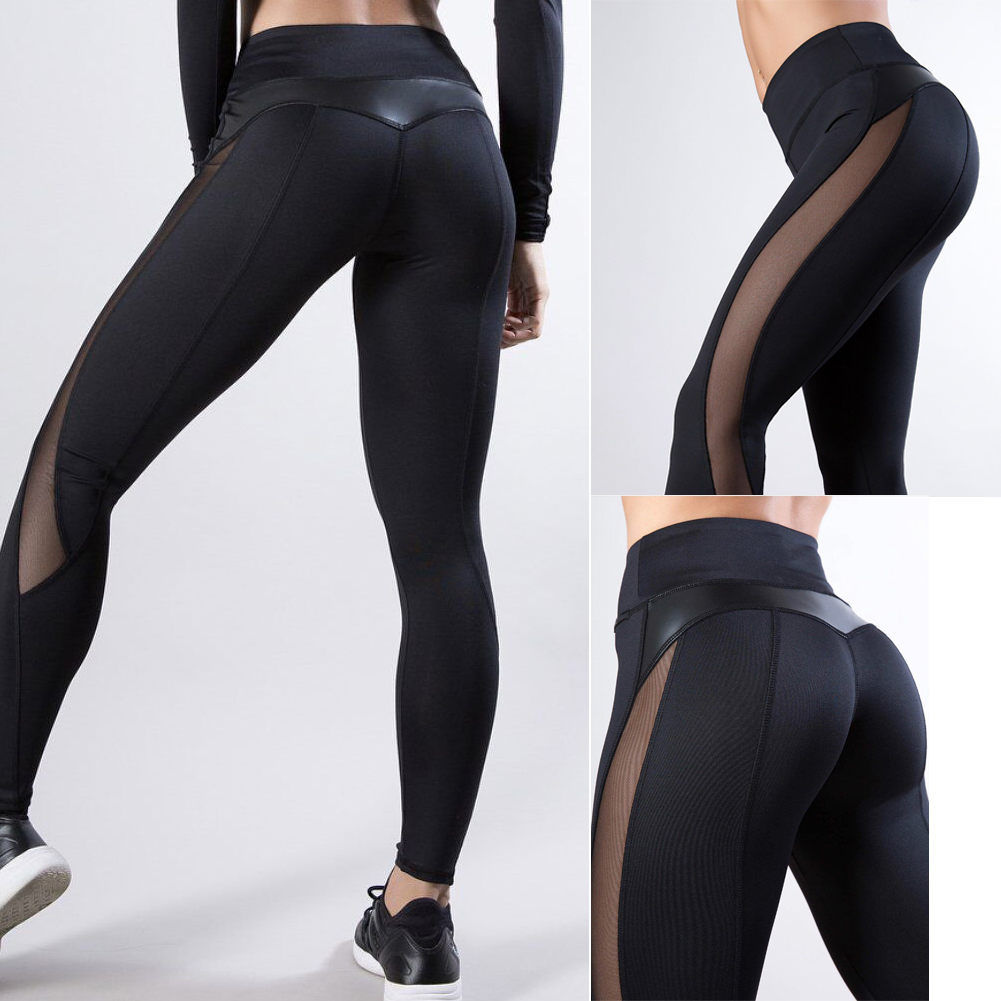 

New Fashion Women Black Mesh Patchwork Leggings High Waist Push Up Hip Stretch Fitness Legging Lady Slim Jogging Gym Trouse