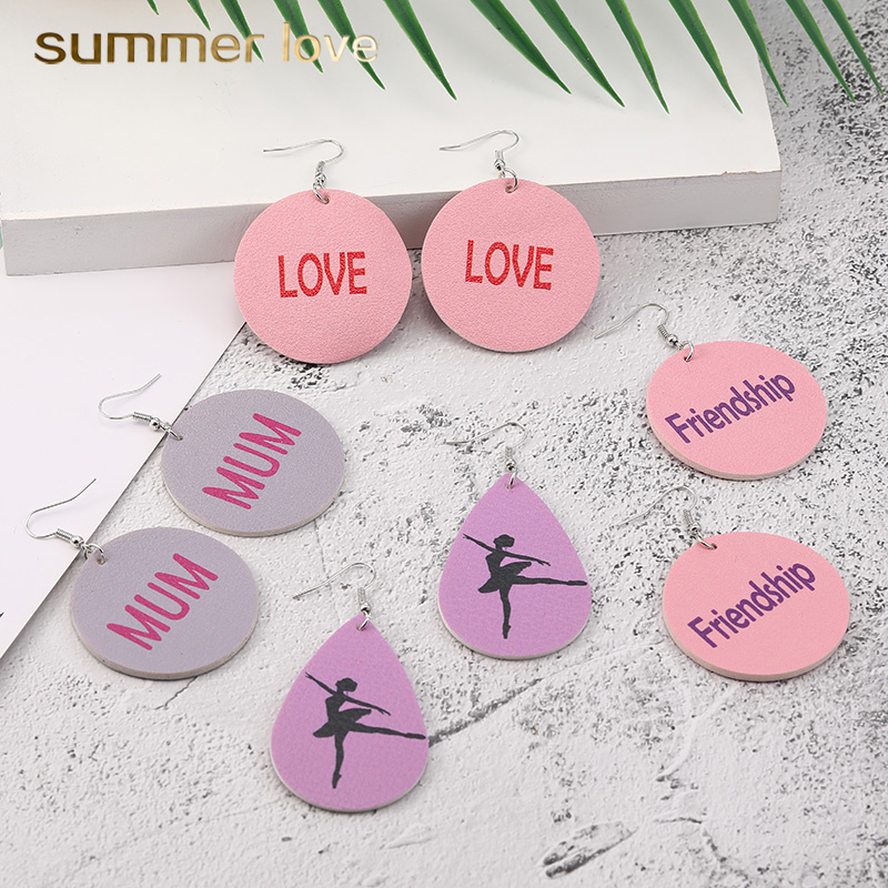 

Fashion Design Leather Earrings for Women Love Mum ballet Dangle Drop Earrings Oval Waterdrop Faux Leather Ear Party Friendship Jewelry Gift