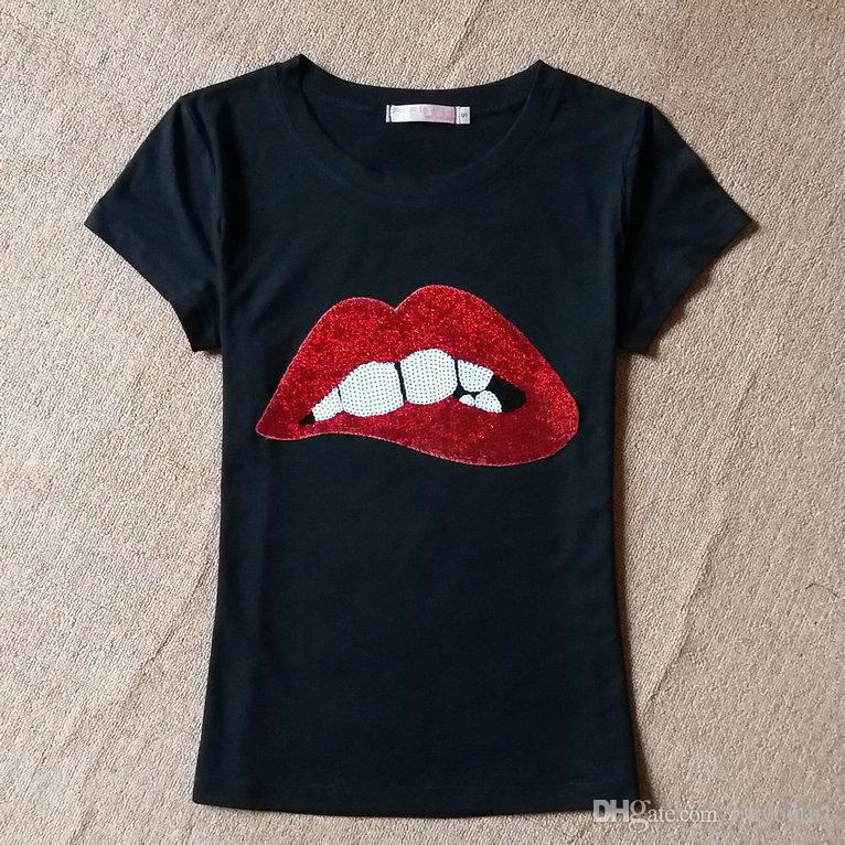 

hot sale hot sale top Short Sleeve Round Neck Tee Sequined Sparkely Glittery Cozy Costume Lip Print Women T Shirt 2020 Fashion Summer Tops, Gray