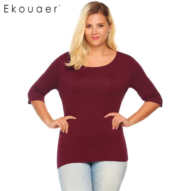 

Ekouaer Women Plus Size T-Shirts Round Collar 3/4 Sleeve Solid Slim Fit Casual T-Shirt Top Female -5XL Cotton Tee Tops, Black