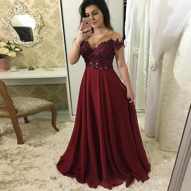 

2019 Evening Dresses Burgundy Burgundy A Line Chiffon Prom Dresses Appliques Illusion Women's Special Occasion Dress Custom Made Formal, Royal blue