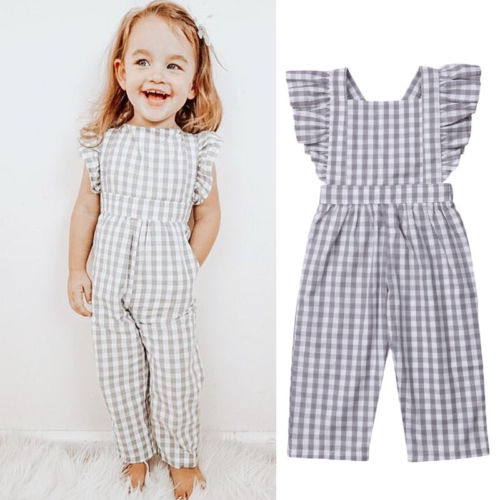 Nouveau-né Bébés filles Romper Nouveau mode d'été à carreaux sans manches à volants Jumpsuit Combishort Salopette Vêtements Tenues 6M-5Y