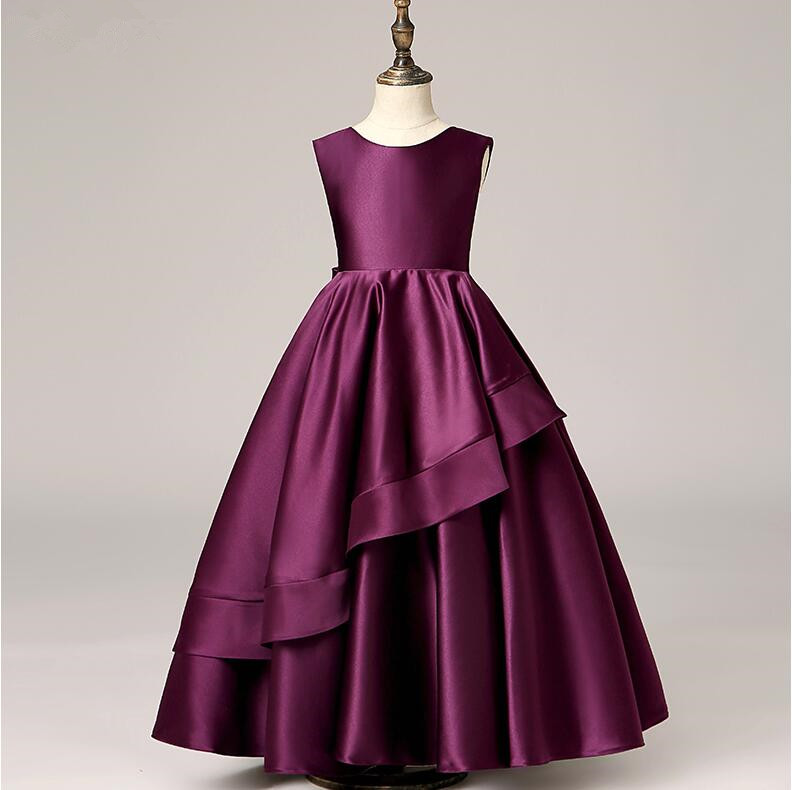 

Bow Tulle Kids Party Evening Dresses Long Ball Gown Flower Girl Dresses For Weddings Floor Length First Communion Clothes, Purple