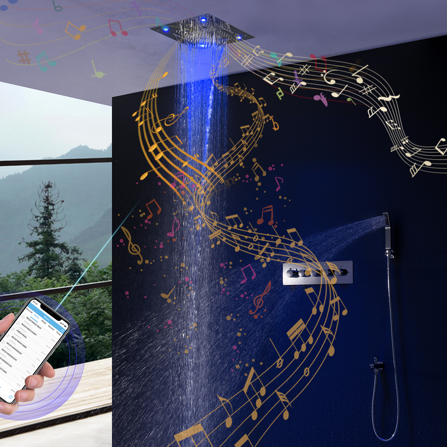 バスルームのブルートゥースミュージックシャワーセット天井カラフルなLEDオーバーヘッドパネル降雨滝シャワーヘッドサーモスタットミキサーの蛇口
