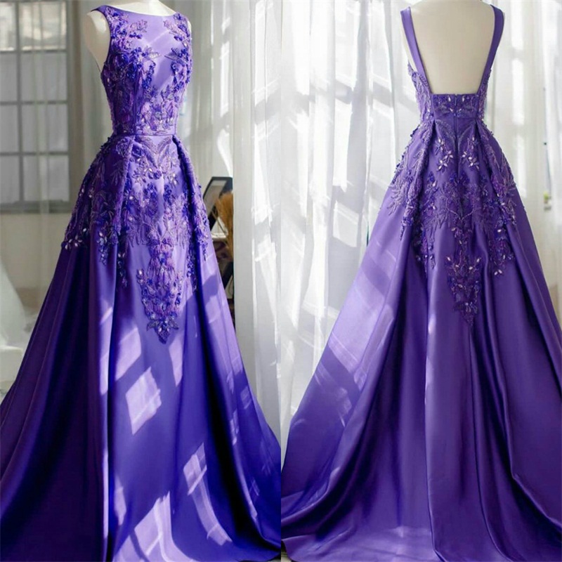 Elegant Purple Evening Dresses Jewel Sleeveless Sexy Backless Ruched Satin Formal Party Dress Beaded Crystal Appliqued Sweep Train Prom Gown