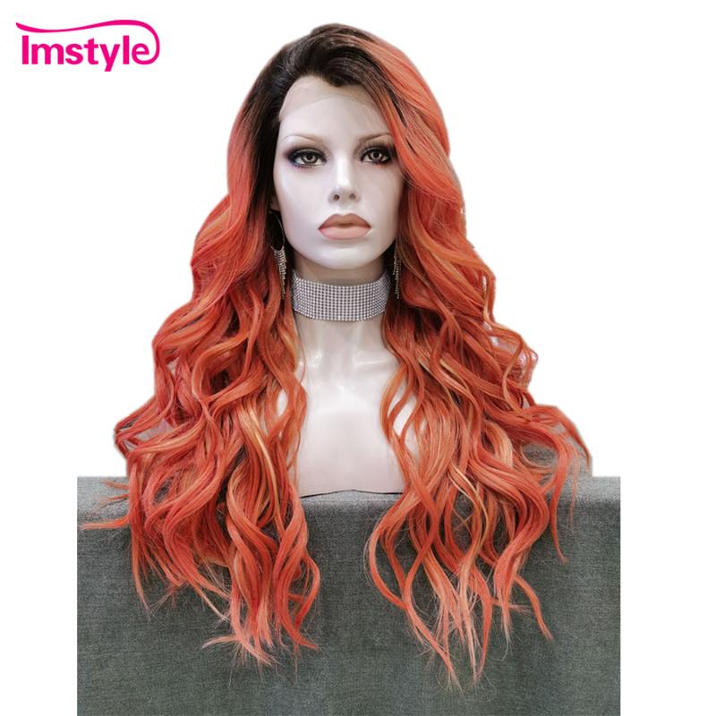 

Imstyle Synthetic Lace Front Wig Orange Red Wigs For Women Dark Root Heat Resistant Fiber Long Wavy Wig Multicolor Cosplay