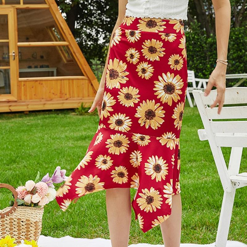 

Skirts Woman Party Night Fashion Women Floral Fishtail Skirt Summer Lady Leisure High Waist Beach Skirt ropa mujer Dropship Z, Red
