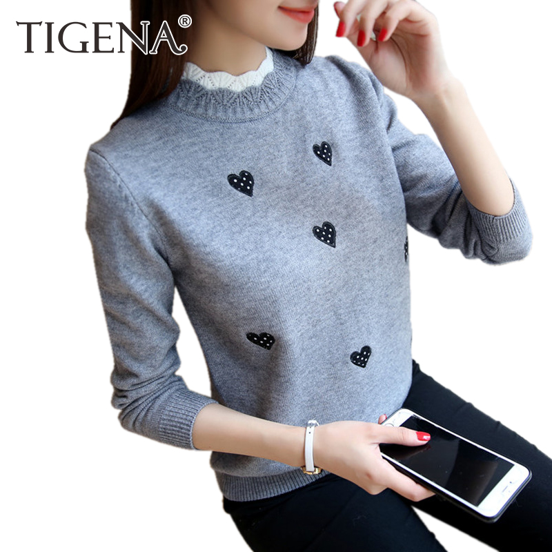 

TIGENA 2019 Autumn Winter Knitted Turtleneck Pullover and Sweater Women Jumper Embroidery Cute Sweater Female Pull Fmme Yellow, Beige