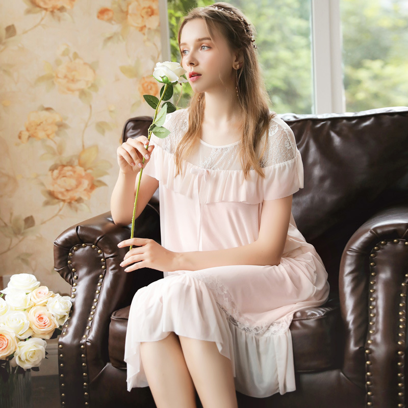 

Wasteheart Women Fashion Pink Sexy Sleepwear Nightdress Lace Bow Cotton Nightwear Sleepshirts Nightgown Sleepwear Luxury Female