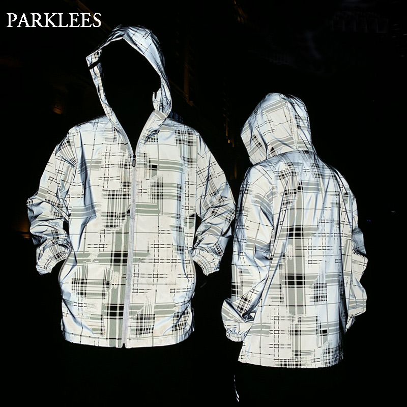 

Plaid Reflective Jacket Men/Women Brand New Hooded Mens Jackets and Coats Hip Hop Harajuku Fluorescent Zipper Lovers Veste Homme, Blue 1pcs