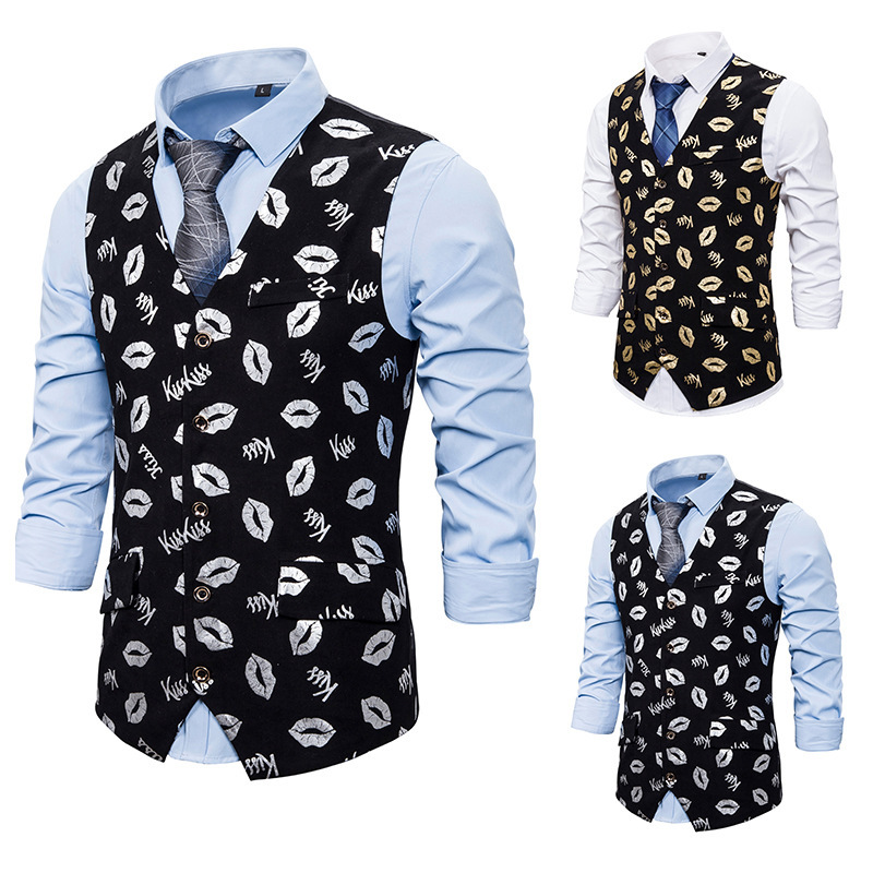 

Men' new fashion leisure business fishing vest lip print dress dress for European and American sizes XXL, Gold